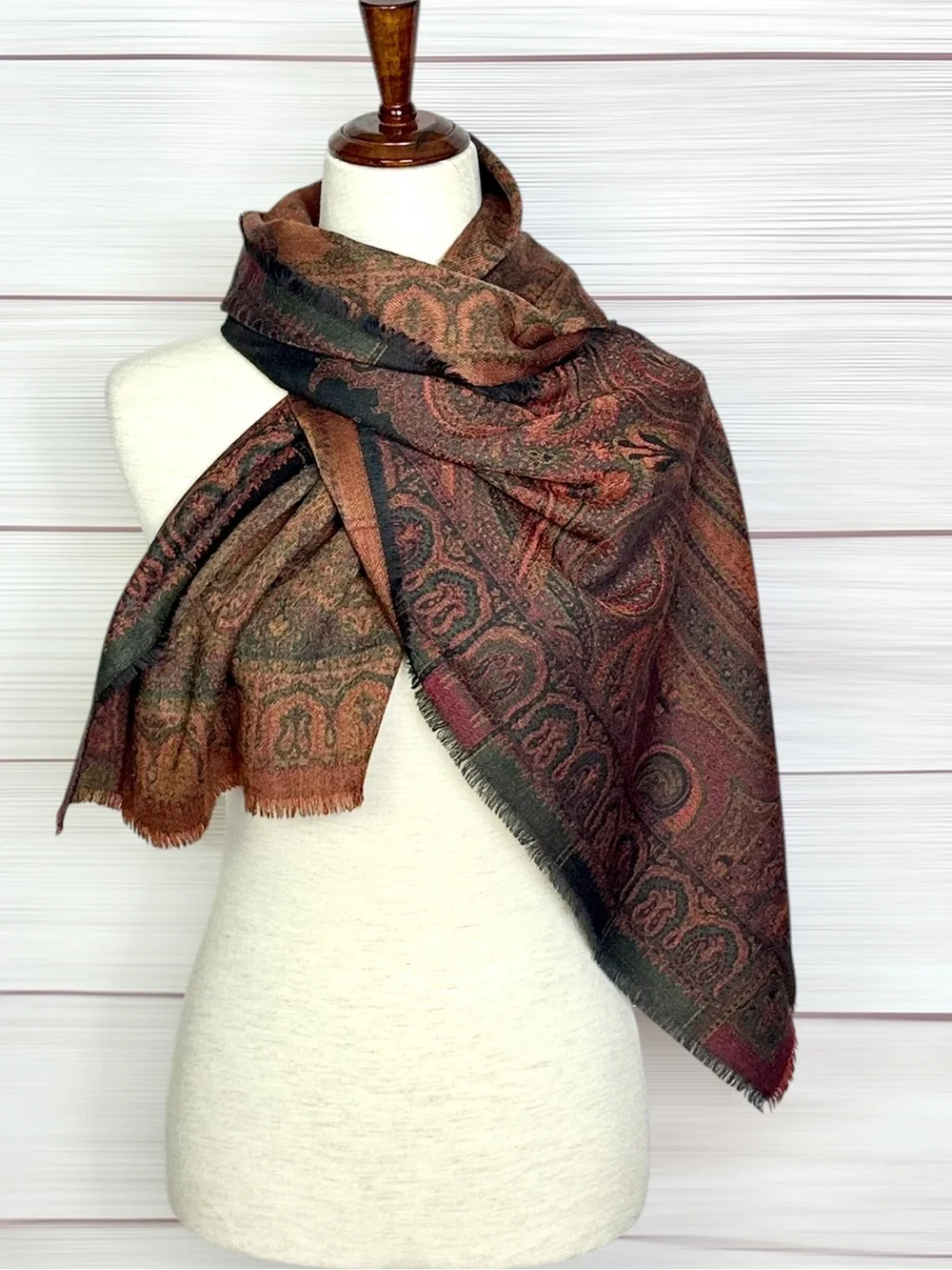 Bohemian Paisley Pashmina Scarf Reversible Earth-tone Brown and Black Wool (?)